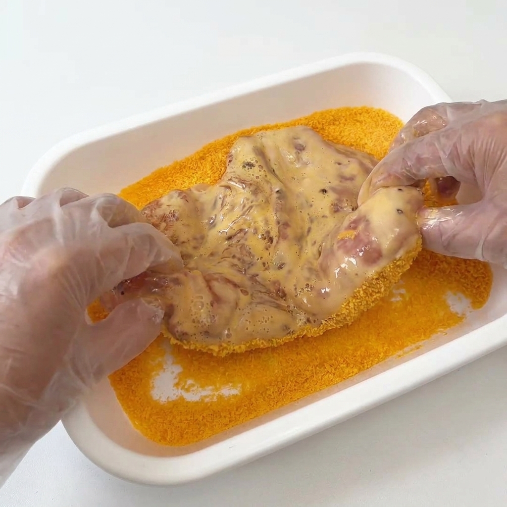 Manos con guantes presionando firmemente una pechuga de pollo húmeda y cubierta de huevo sobre una capa de pan rallado panko naranja brillante en un recipiente.