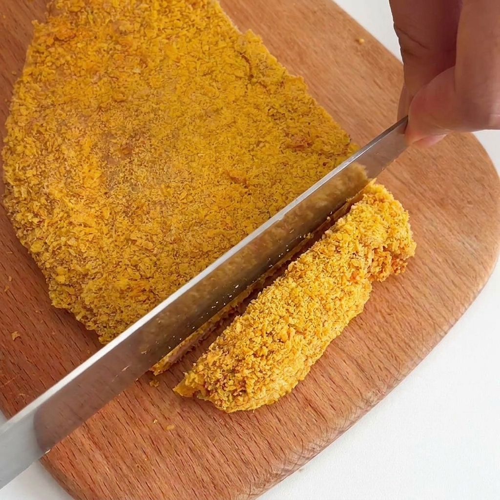 Una mano usando un cuchillo para cortar una pechuga de pollo grande y empanizada de color marrón dorado en tiras gruesas sobre una tabla de madera.