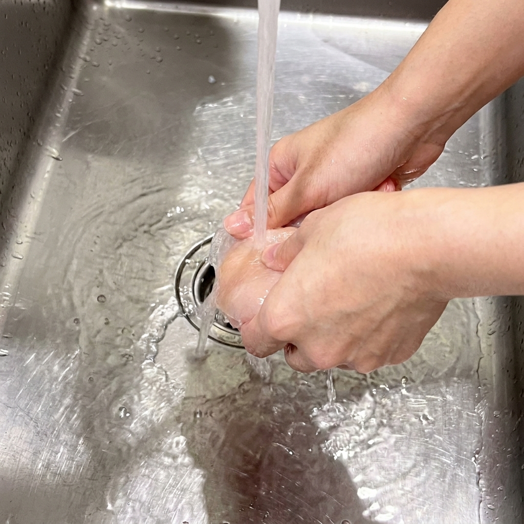 Manos lavando una pechuga de pollo cruda bajo el chorro de agua fría en un fregadero de acero inoxidable.
