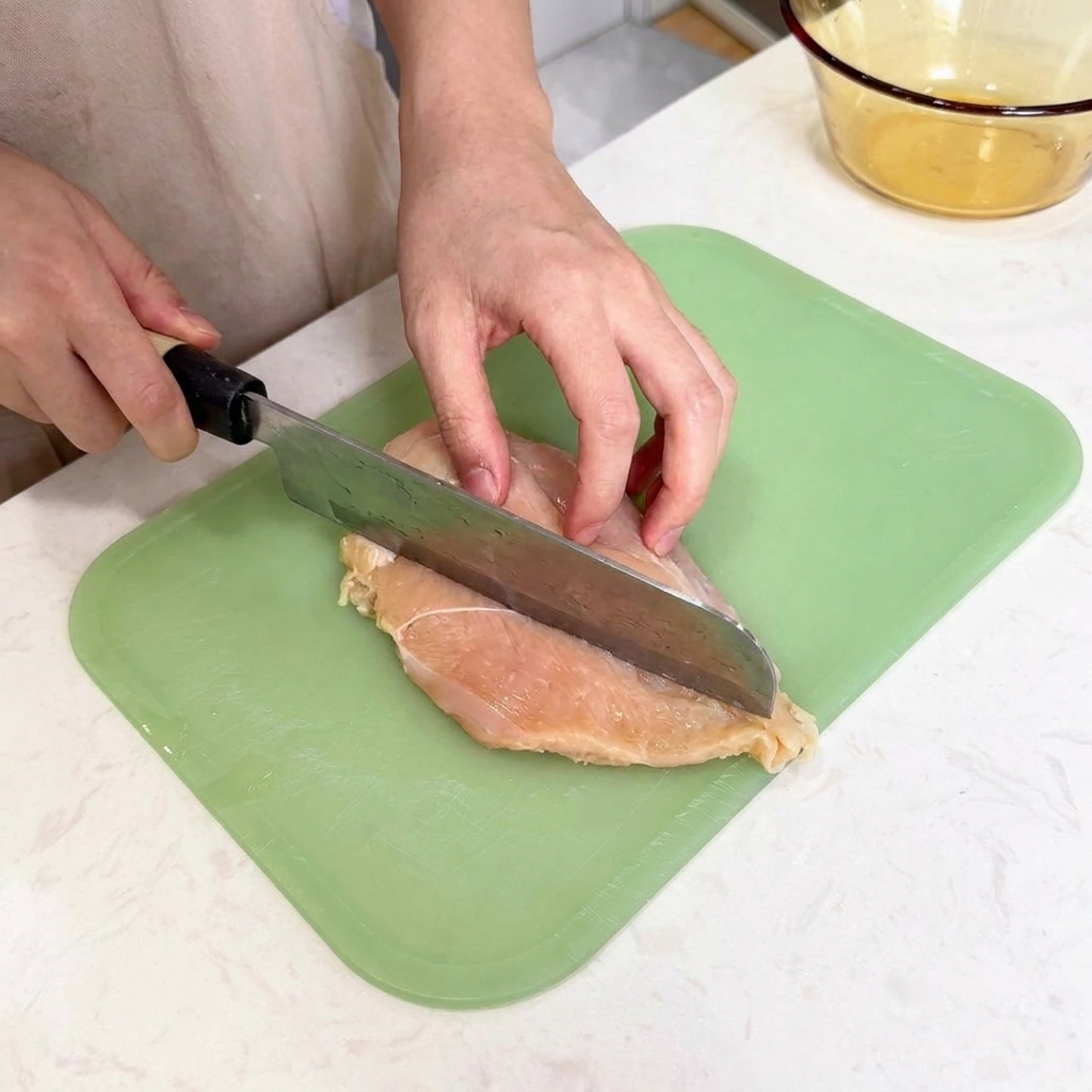 Cuchillo de cocina cortando horizontalmente una pechuga de pollo para abrirla en forma de mariposa sobre una tabla verde.