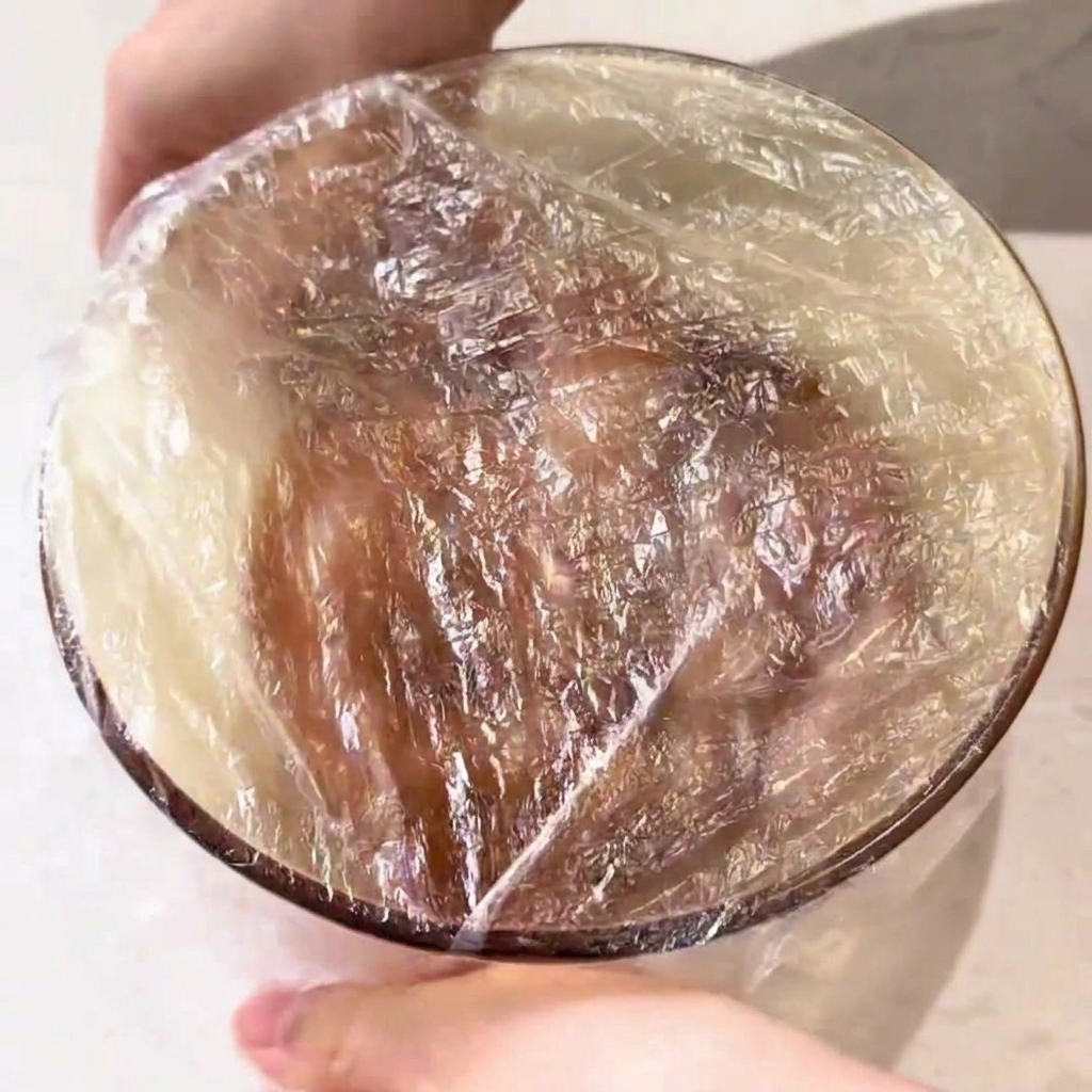 Bol de cristal con pollo marinado sellado herméticamente con una capa de film transparente.