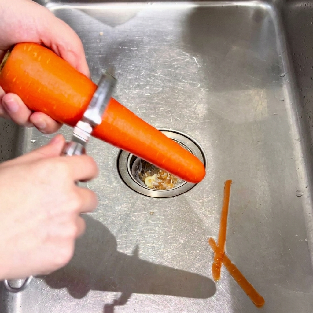 Manos pelando una zanahoria grande sobre el fregadero con un pelador metálico de cocina.