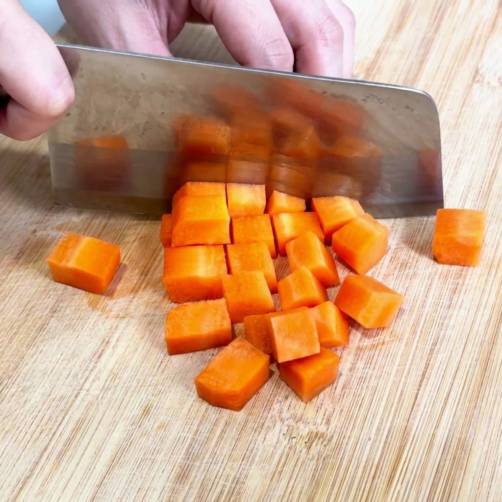 Cuchillo de chef cortando una zanahoria en dados pequeños y uniformes sobre una tabla de madera.