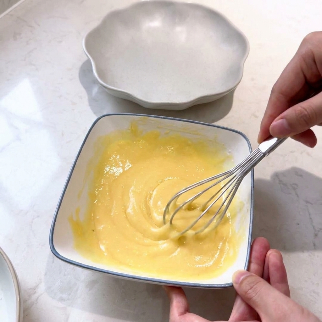 Batidor de varillas mezclando huevo y harina en un bol de cerámica blanca hasta formar una pasta.