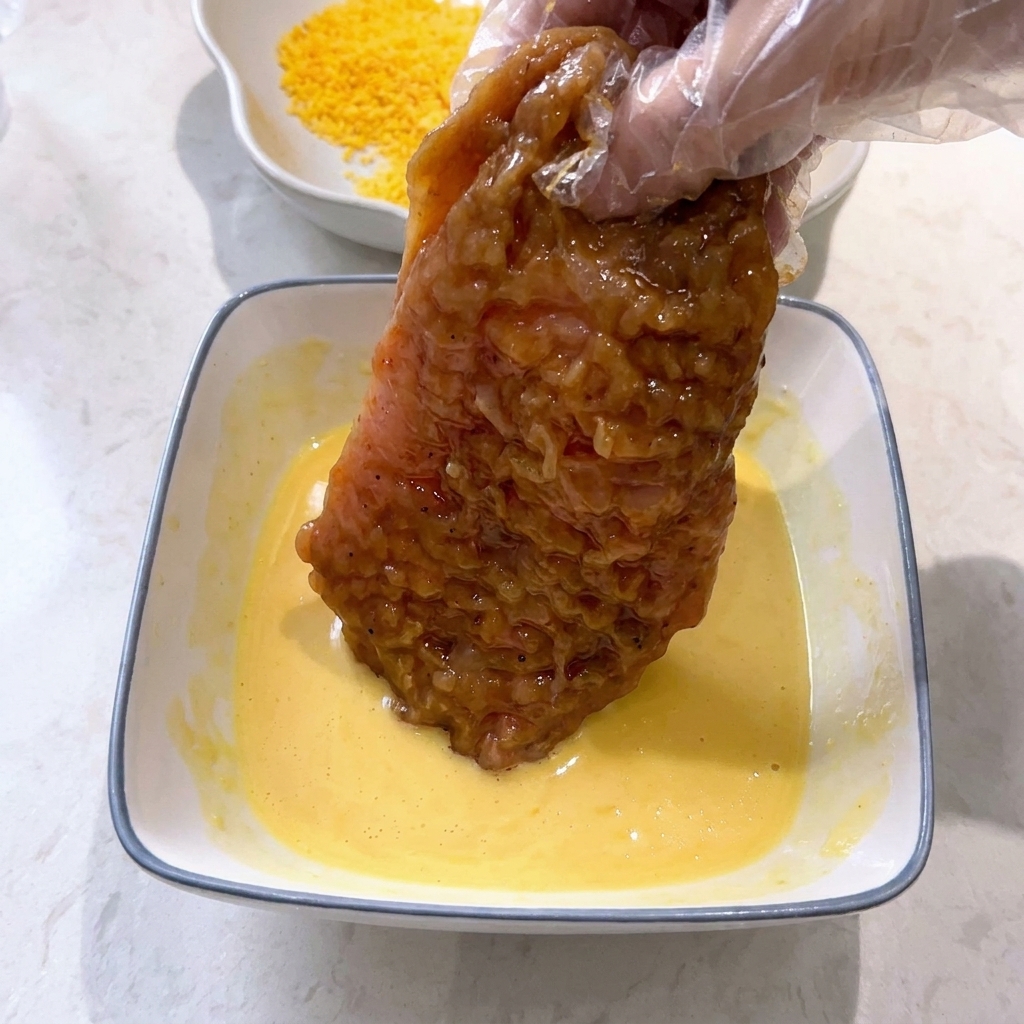 Persona con guante sumergiendo la pechuga de pollo marinada en el bol de rebozado amarillo.