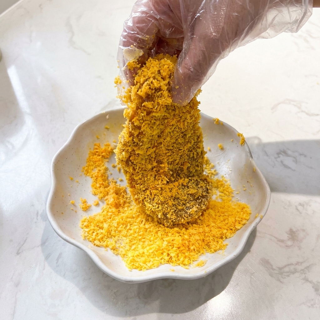 Mano presionando el pollo rebozado sobre una pila de pan rallado panko dorado.