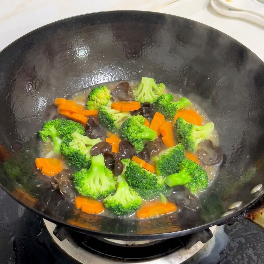 Una mezcla colorida de brócoli, zanahorias y hongos oreja de madera salteándose en un wok con una salsa brillante.