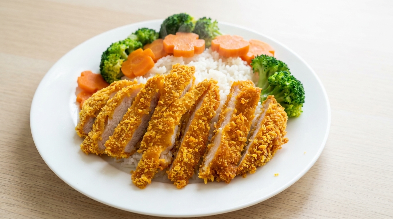 Katsu de Pollo Crujiente con Arroz y Vegetales Decorativos