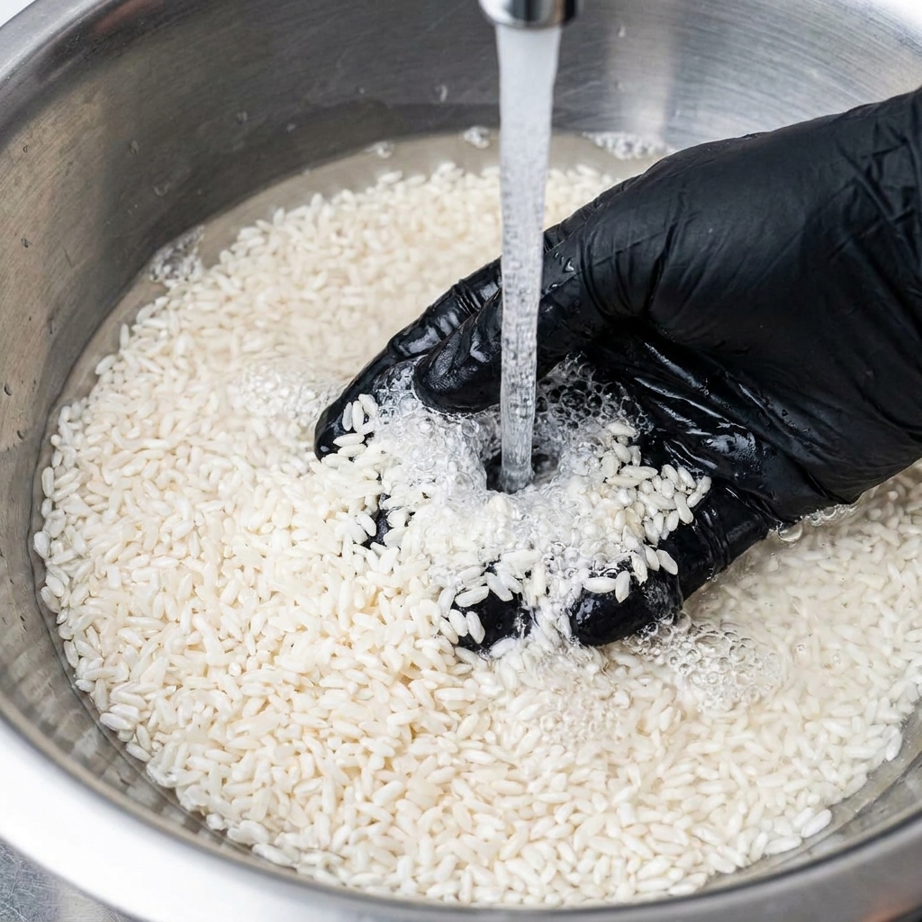 Una mano con guante negro lavando arroz blanco en un bol de metal bajo un chorro de agua.