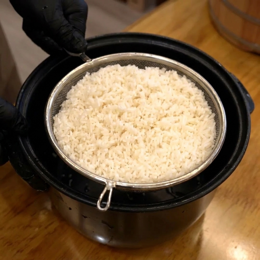 Arroz blanco lavado reposando en un colador de malla metálica sobre un bol oscuro.