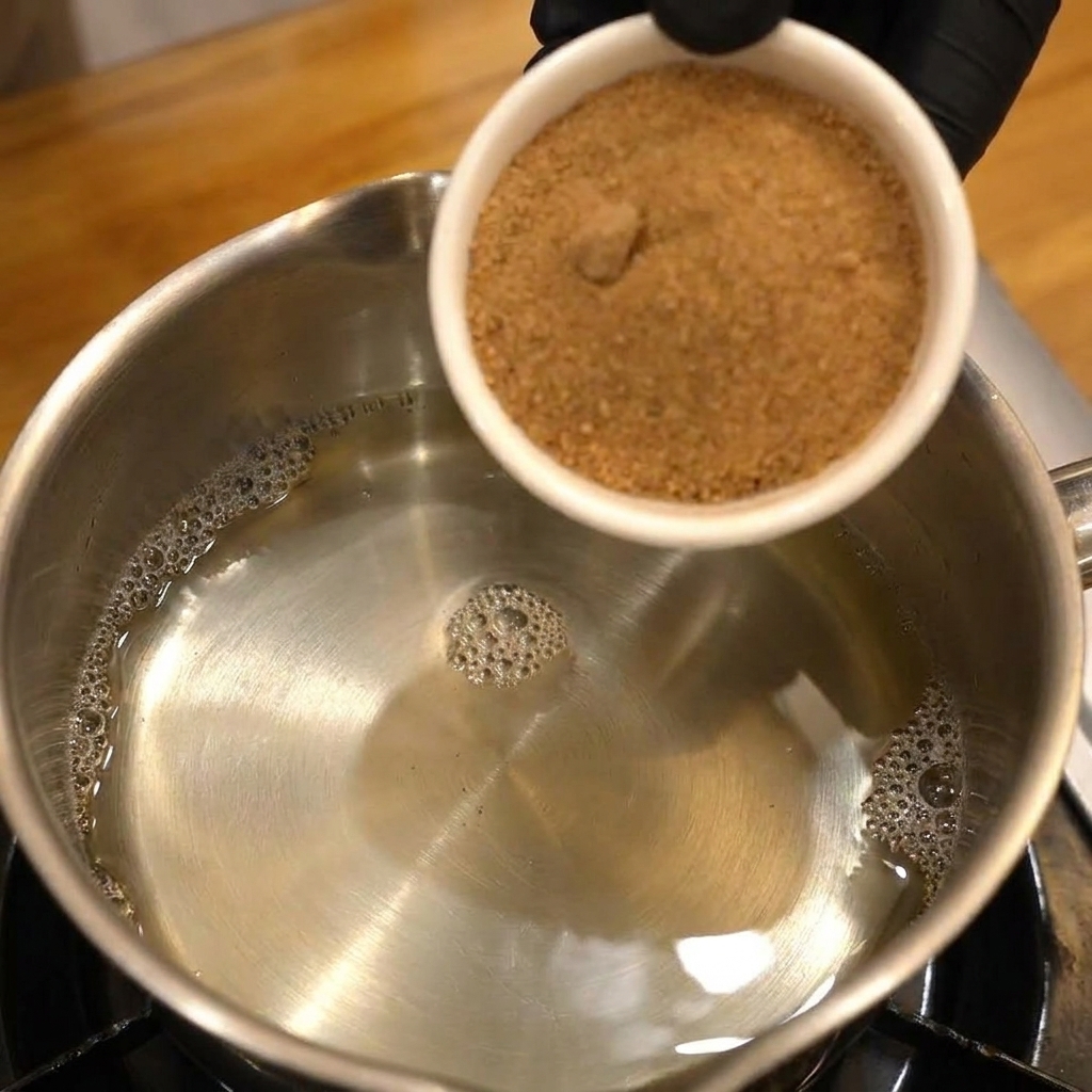 Un pequeño bol con azúcar moreno vertiéndose en un cazo de metal con vinagre de arroz transparente.