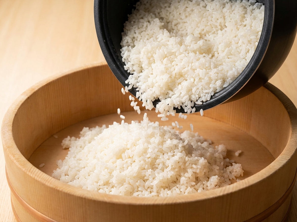 Arroz blanco al vapor vertiéndose desde una arrocera negra a un recipiente de madera circular para sushi.