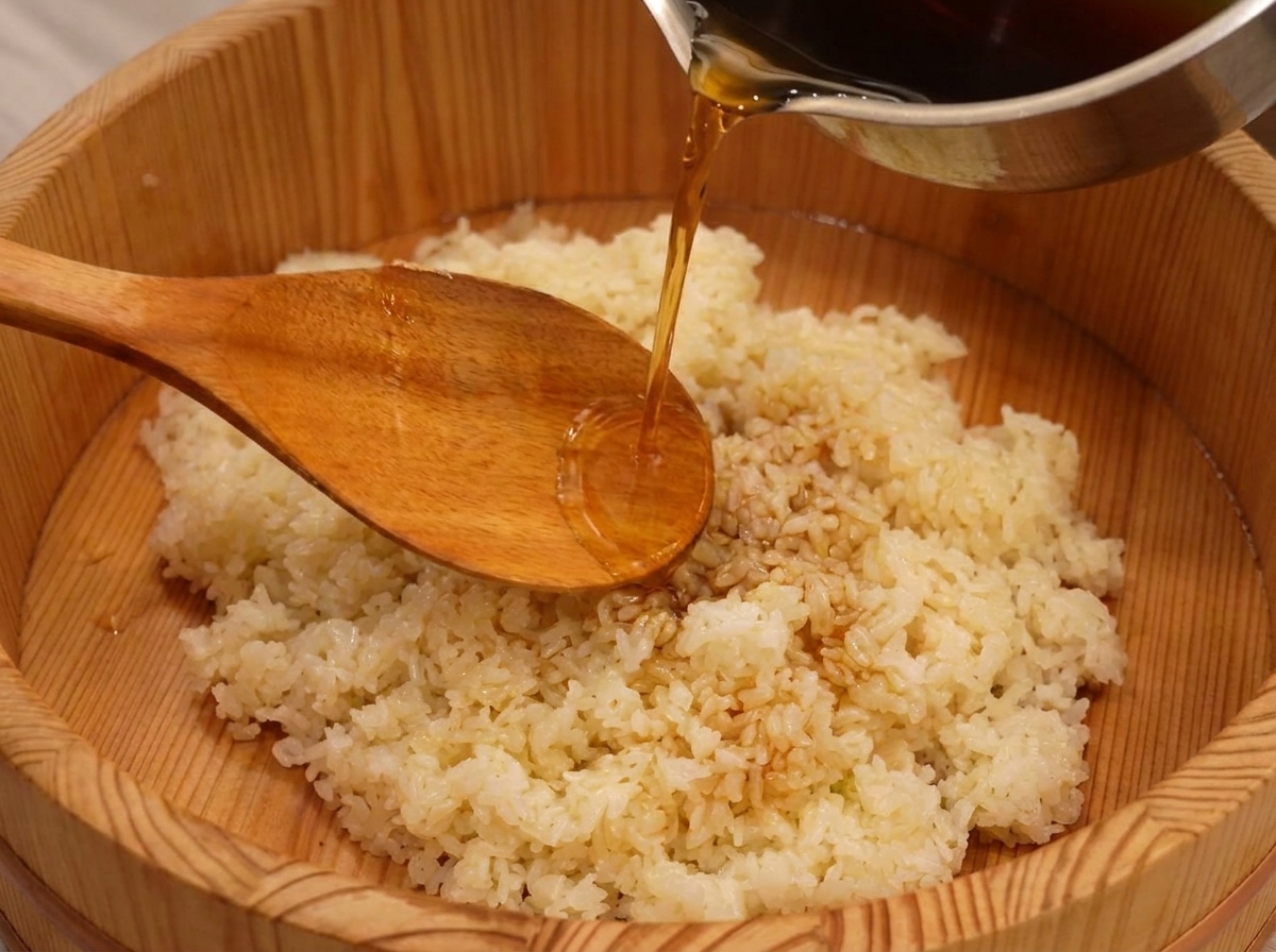 Vinagre de sushi de color ámbar vertiéndose sobre arroz blanco caliente en un recipiente de madera.