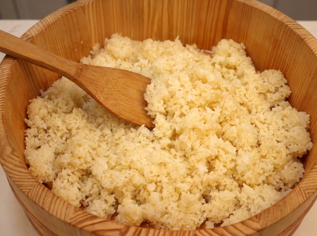 Una paleta de madera cortando y mezclando arroz blanco sazonado dentro de un hangiri de madera.