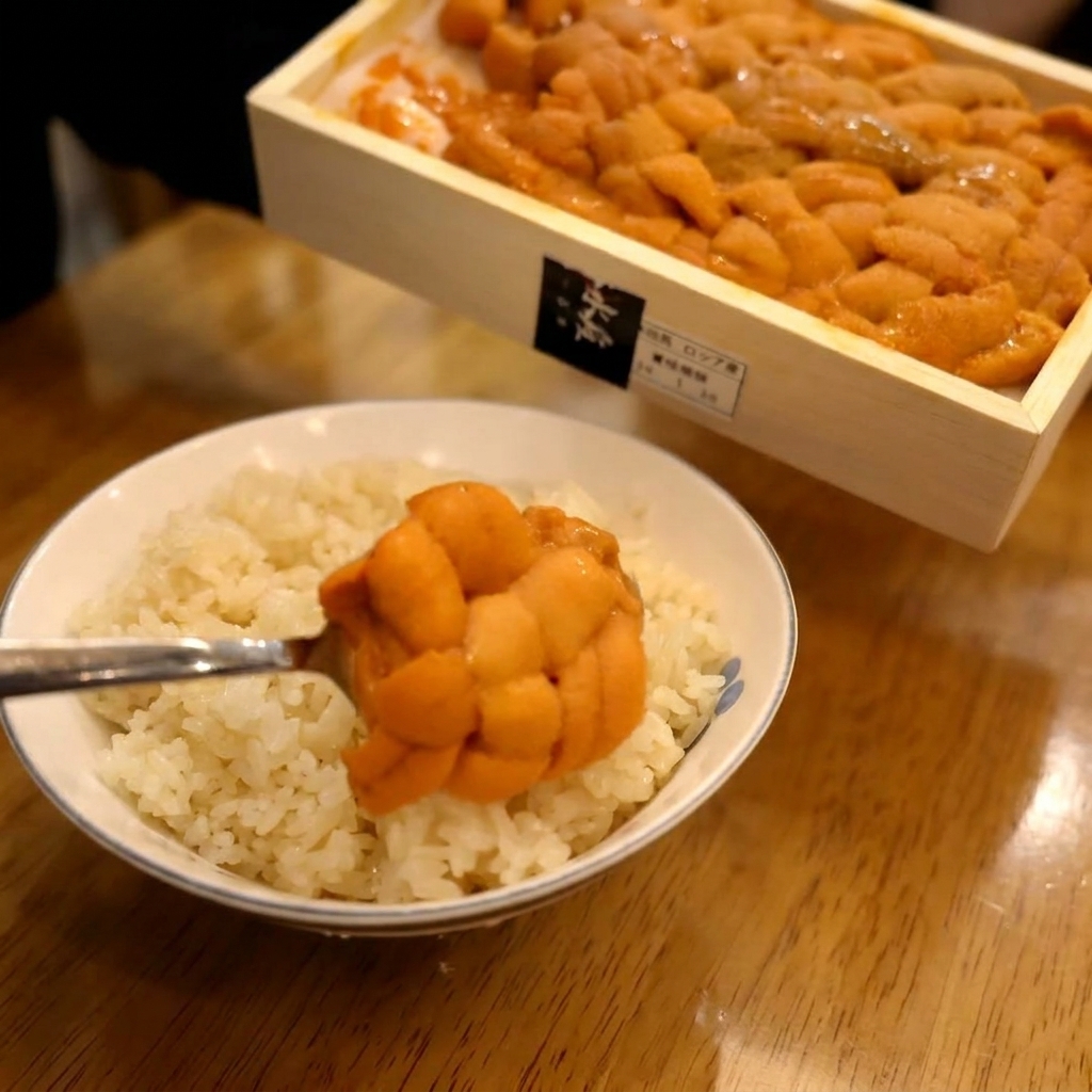 Una cuchara colocando lóbulos de erizo de mar y huevas de salmón sobre un bol de arroz con una rodaja de lima.