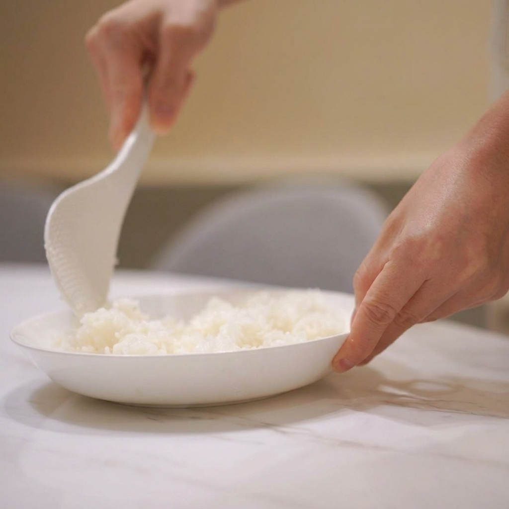Una persona vertiendo vinagre para sushi transparente desde un recipiente pequeño sobre un plato de arroz blanco cocido.