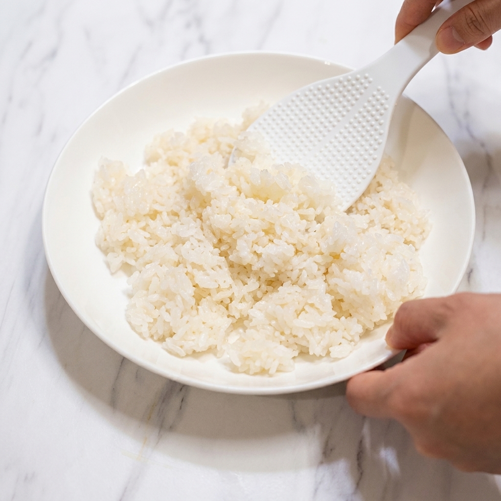 Una mano usando una paleta de arroz blanca con textura para integrar el vinagre en un plato de arroz sobre una encimera de mármol.