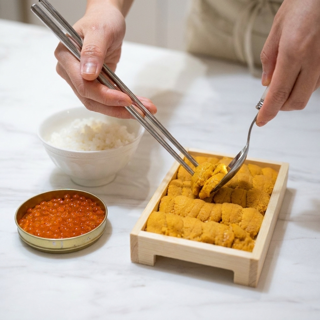 Una persona usando palillos metálicos y una cuchara para pasar lóbulos de uni naranja brillante de una bandeja de madera a un bol de arroz.