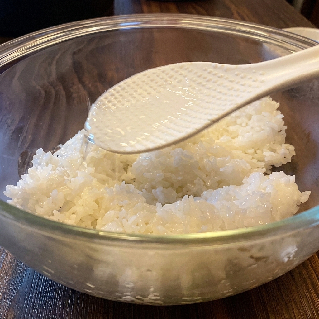 Vinagre de sushi vertiéndose sobre una espátula de arroz sostenida sobre un bol con arroz blanco cocido.