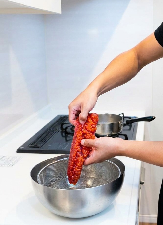 Un saco de huevas de salmón de color naranja vibrante sobre un cuenco de acero con agua tibia.
