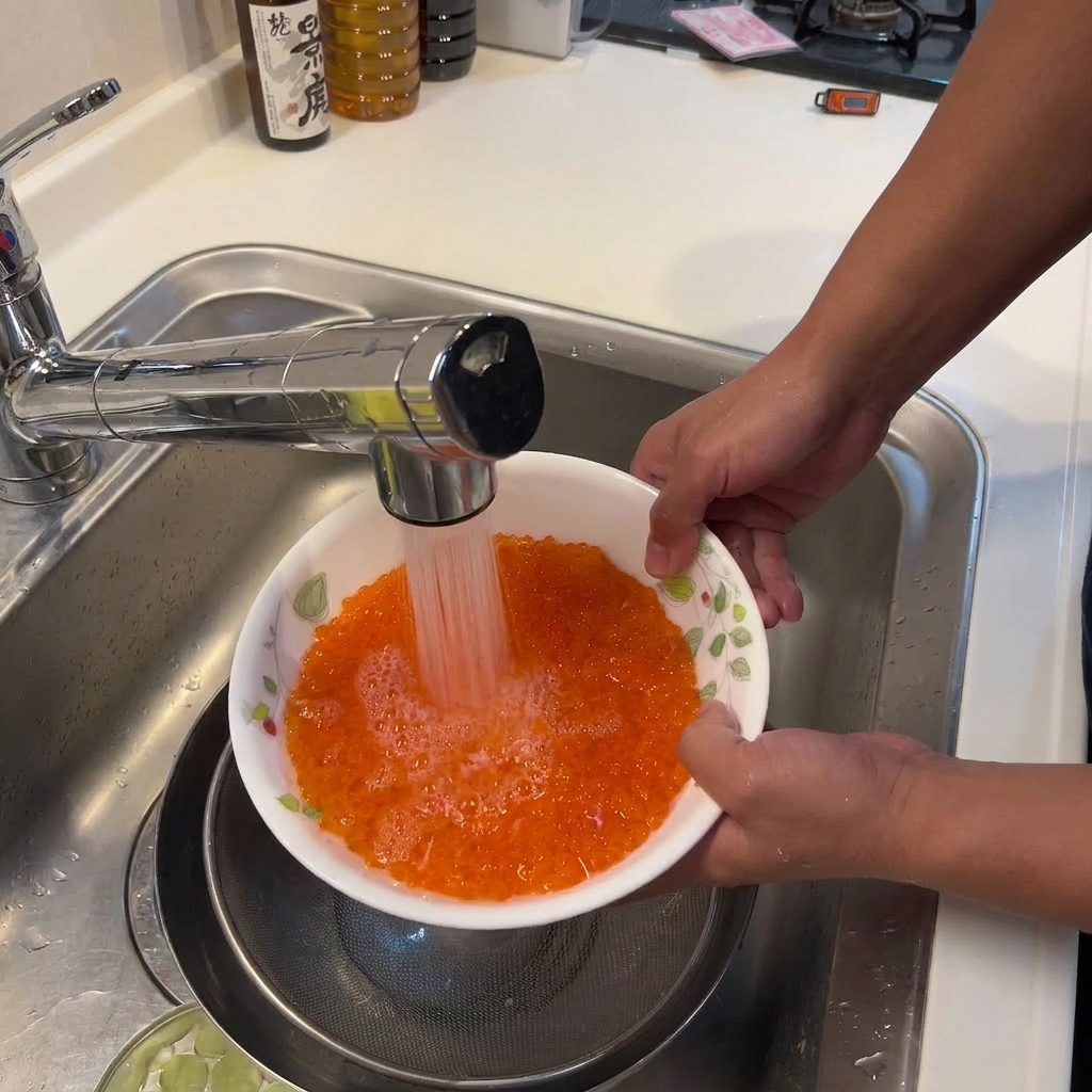 Primer plano de cientos de huevas de salmón en un bol siendo enjuagadas bajo el grifo de la cocina.