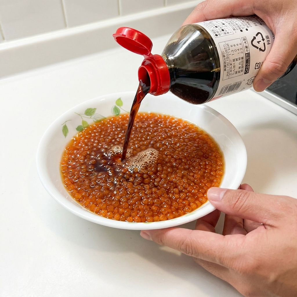 Salsa de soja vertiéndose desde una botella sobre un bol lleno de huevas de salmón naranja brillante.