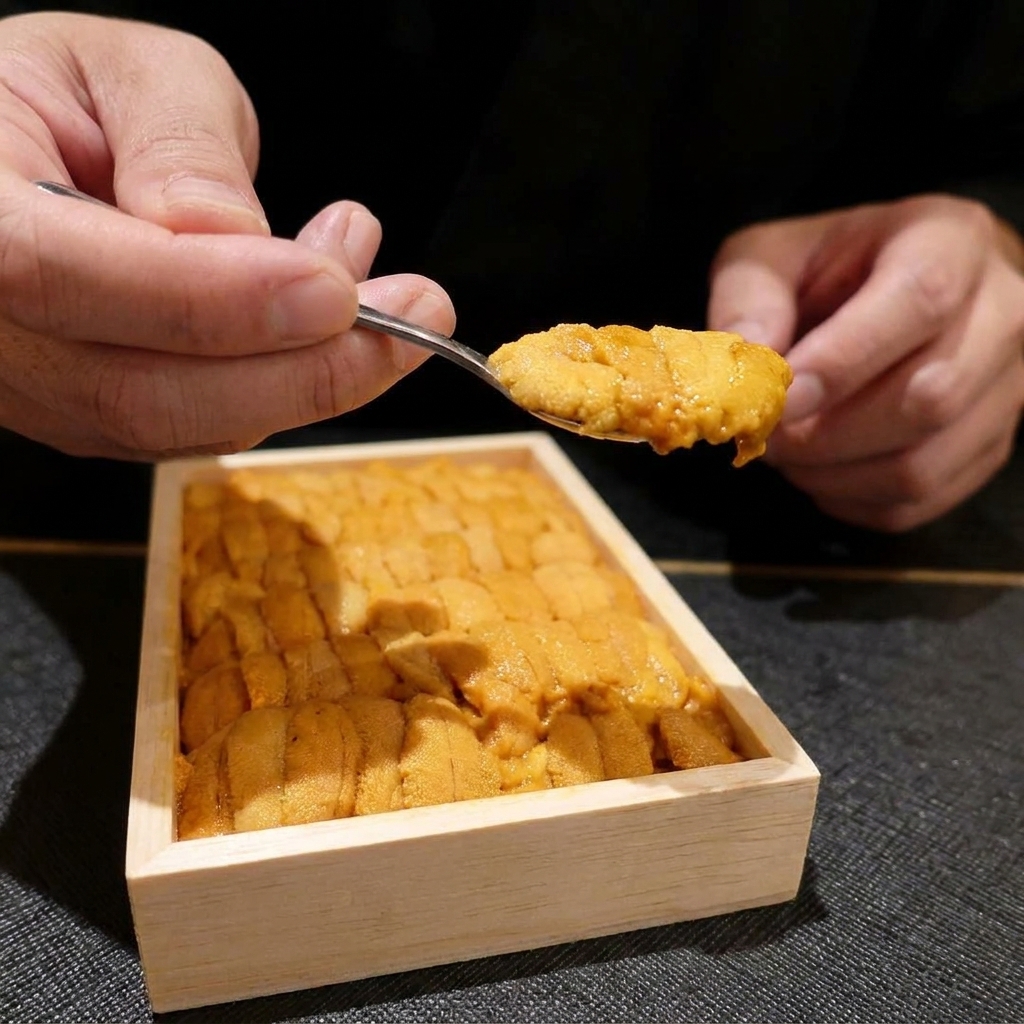 Una cuchara sacando erizo de mar fresco de color naranja de una caja de madera para colocarlo en el tazón de arroz con mariscos.