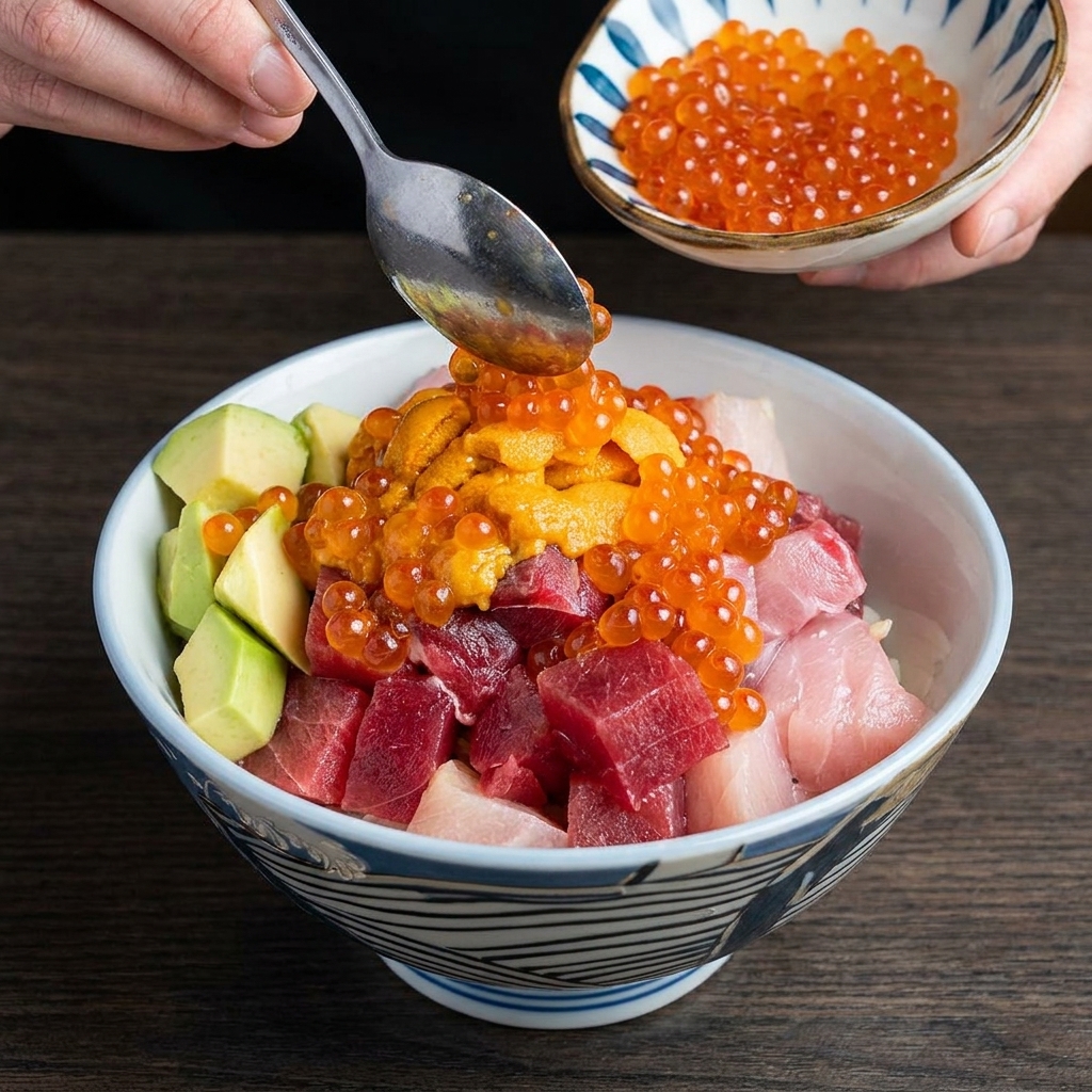 Huevas de salmón brillantes vertiéndose sobre el erizo de mar en un tazón de mariscos japonés.