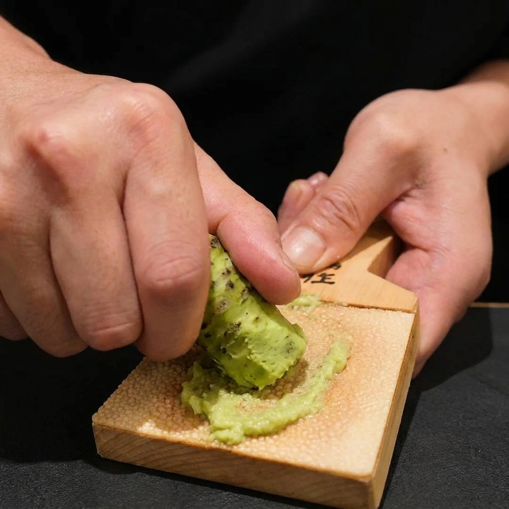 Raíz de wasabi verde fresca siendo rallada en un movimiento circular sobre un rallador de madera tradicional.