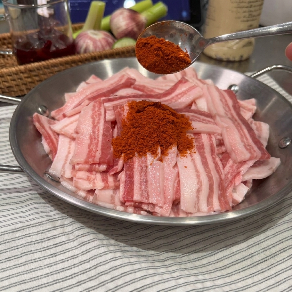 Un primer plano de una cuchara añadiendo polvo de condimento rojo brillante sobre capas de panceta de cerdo cruda en rodajas finas en un bol de preparación de acero inoxidable.