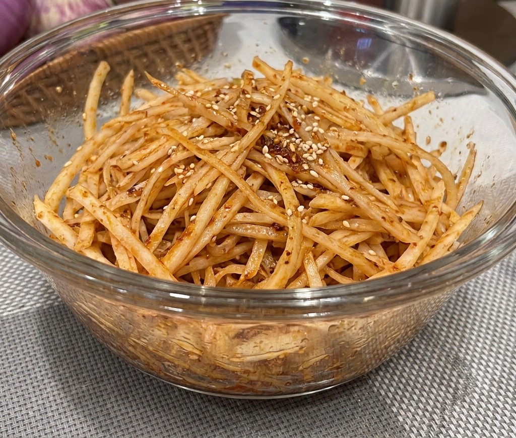 Ensalada de cebolleta en tiras picante totalmente mezclada en un bol de cristal, recubierta de un aderezo rojo vibrante y adornada con semillas de sésamo.