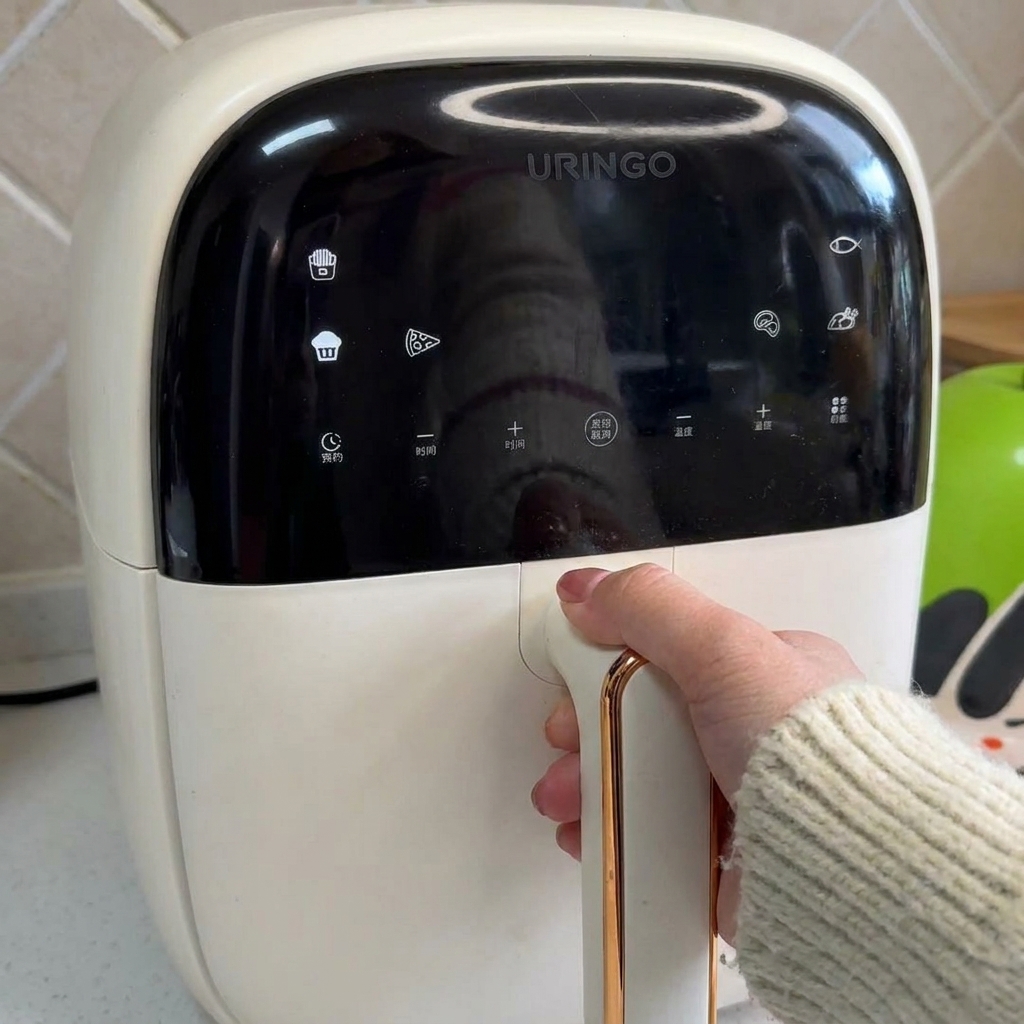 Una mano tocando el panel digital de una freidora de aire blanca.
