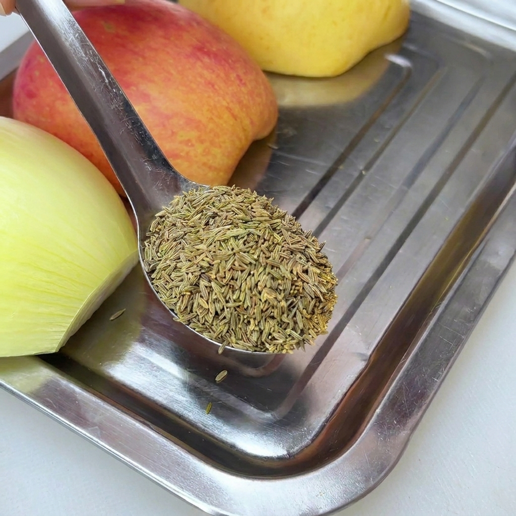 Una cuchara de metal sosteniendo semillas de comino enteras sobre una bandeja con cebolla y fruta fresca.