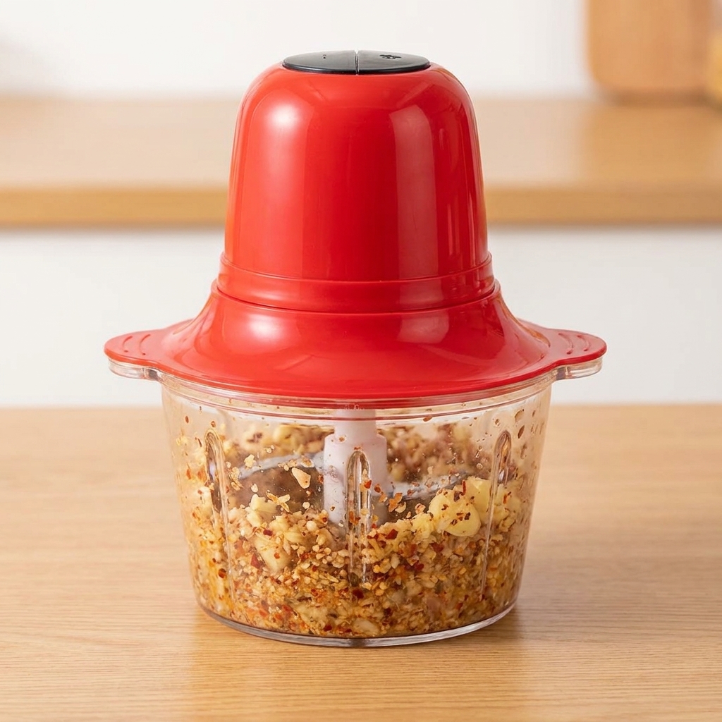 Un procesador de alimentos eléctrico con una pasta roja espesa y con textura en su interior.