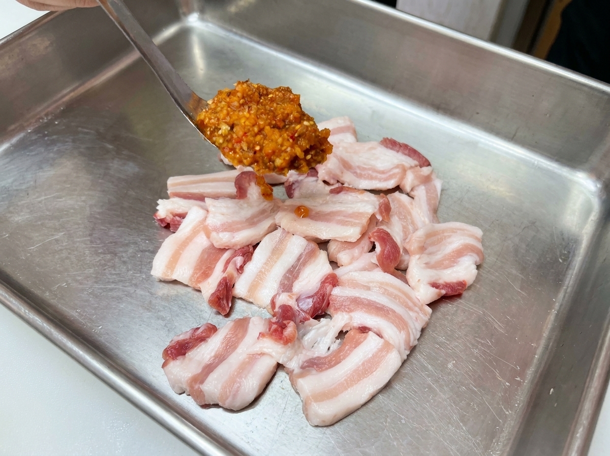 Una cuchara depositando marinado rojo sobre lonchas crudas de panceta de cerdo en una bandeja metálica.