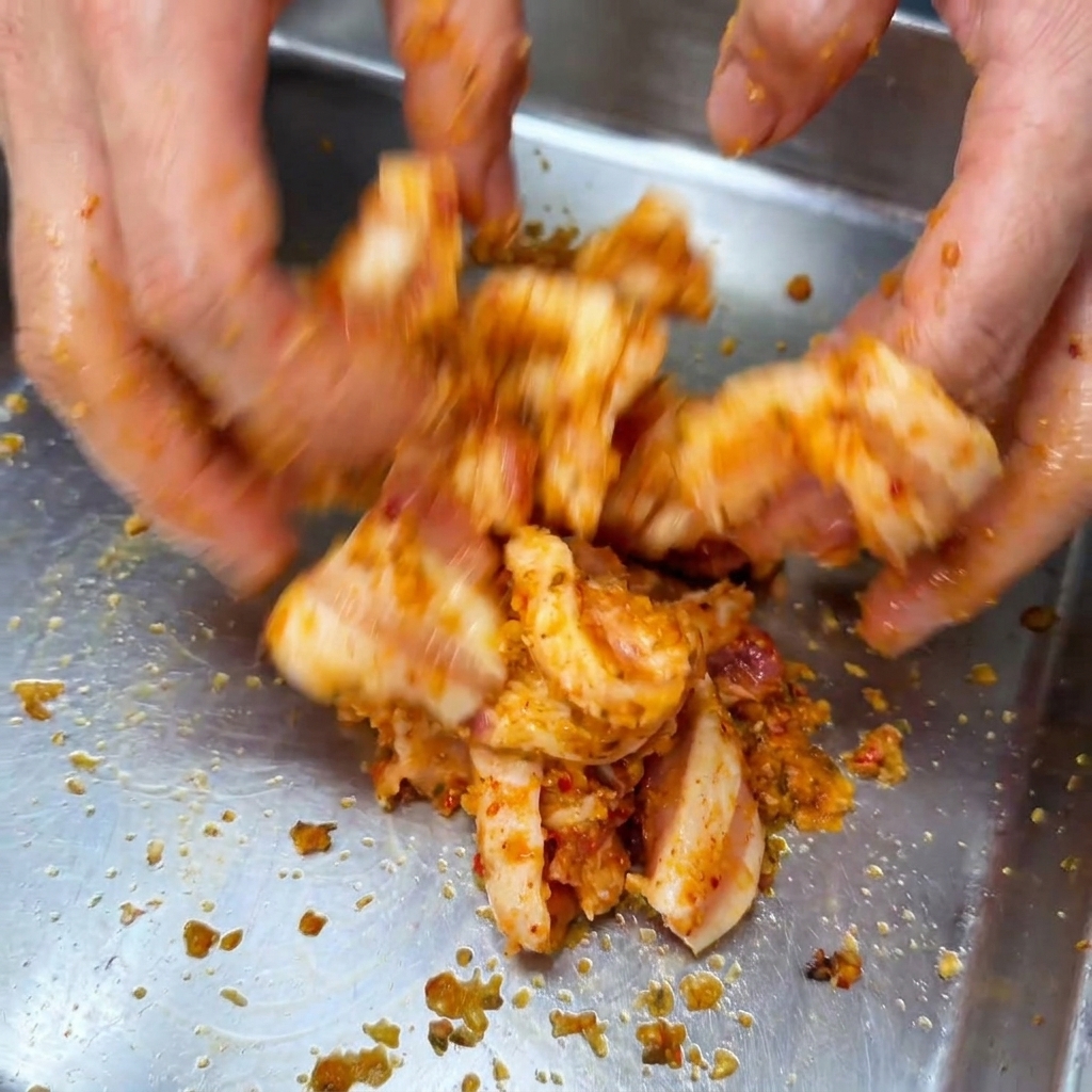 Manos mezclando lonchas de panceta cruda con un marinado de especias rojizas en una bandeja metálica.