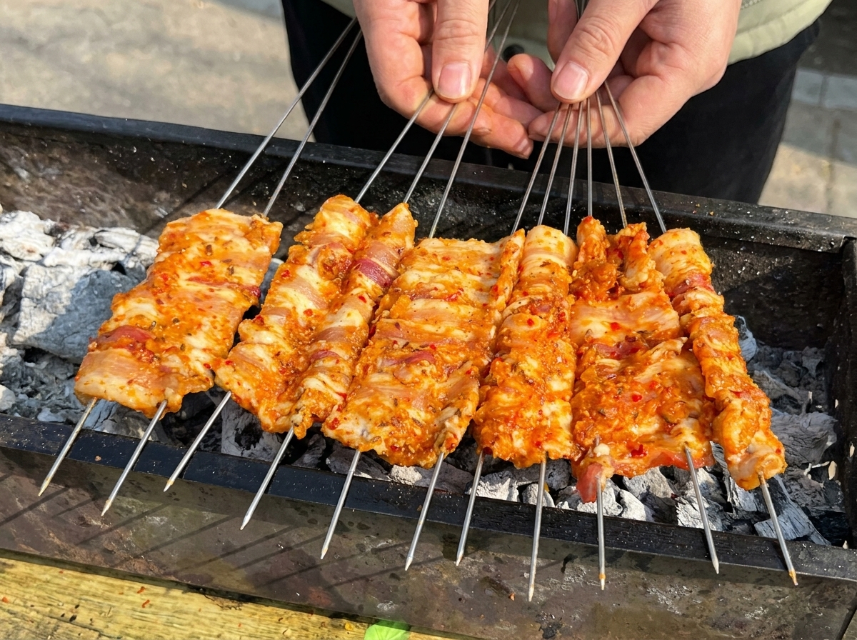 Varias brochetas dobles de panceta dispuestas sobre una parrilla rectangular de carbón.