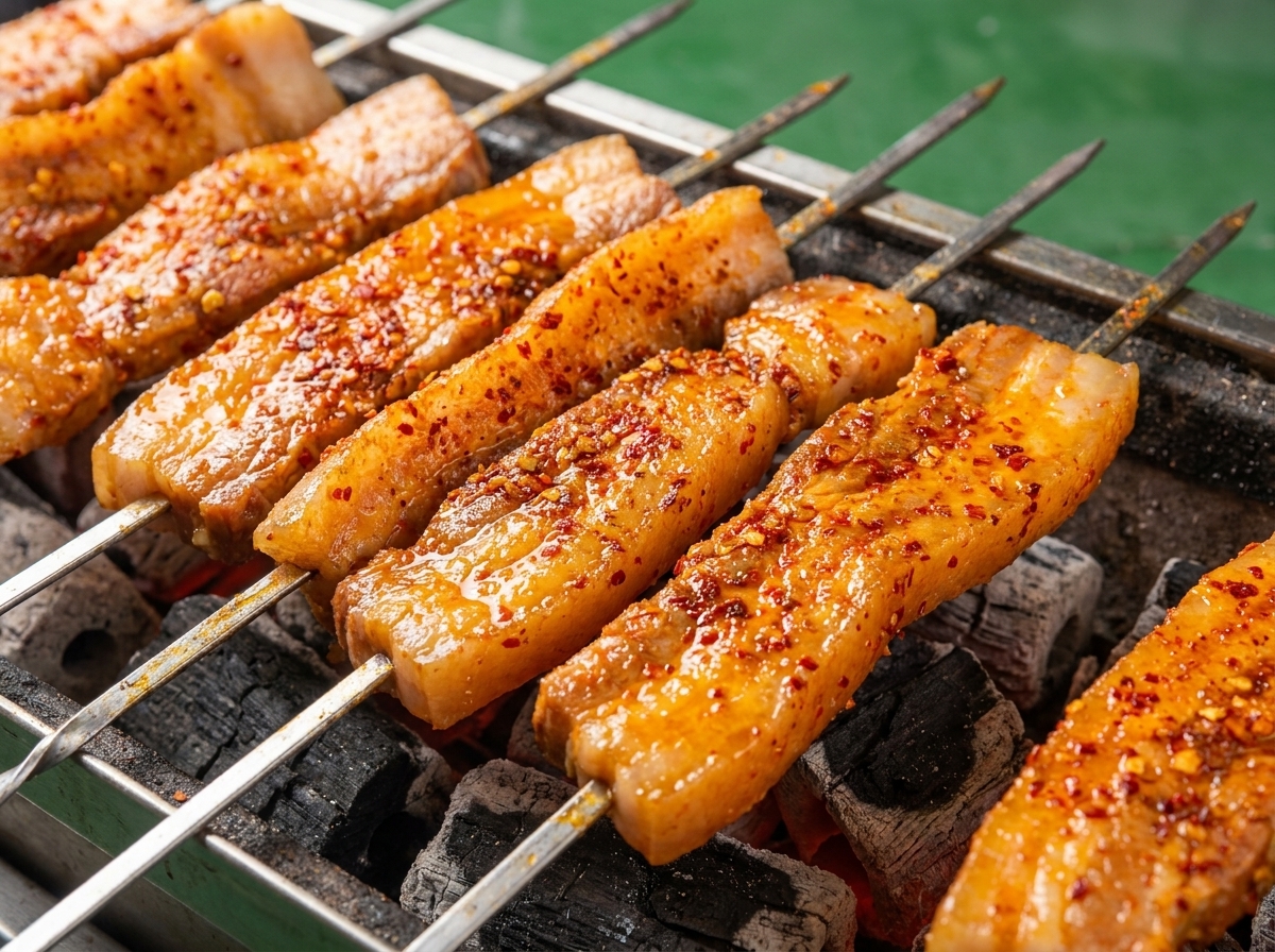 Brochetas de panceta dadas la vuelta en la parrilla mostrando carne dorada y grasa fundida sobre las brasas.