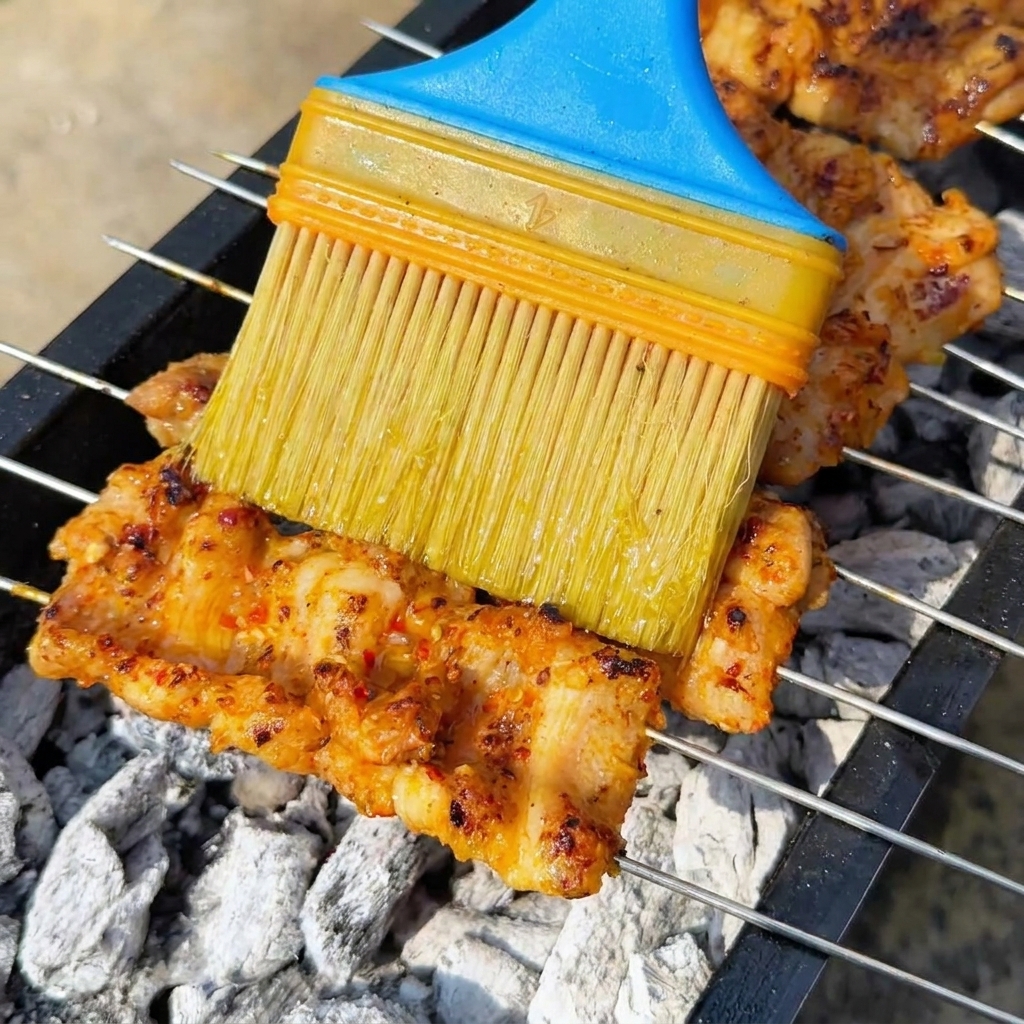 Un pincel de cocina aplicando aceite sobre las brochetas de panceta que chisporrotean sobre las brasas blancas.