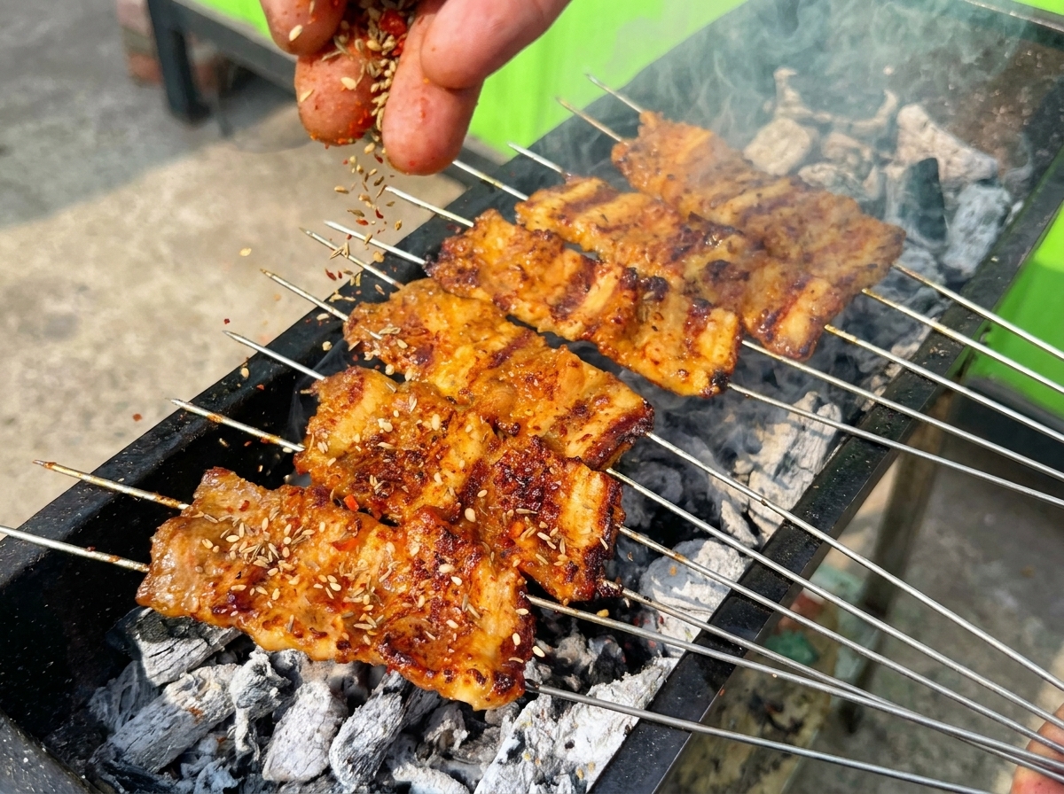 Una mano espolvoreando semillas y copos de chile sobre las brochetas de panceta tostadas en una parrilla humeante.