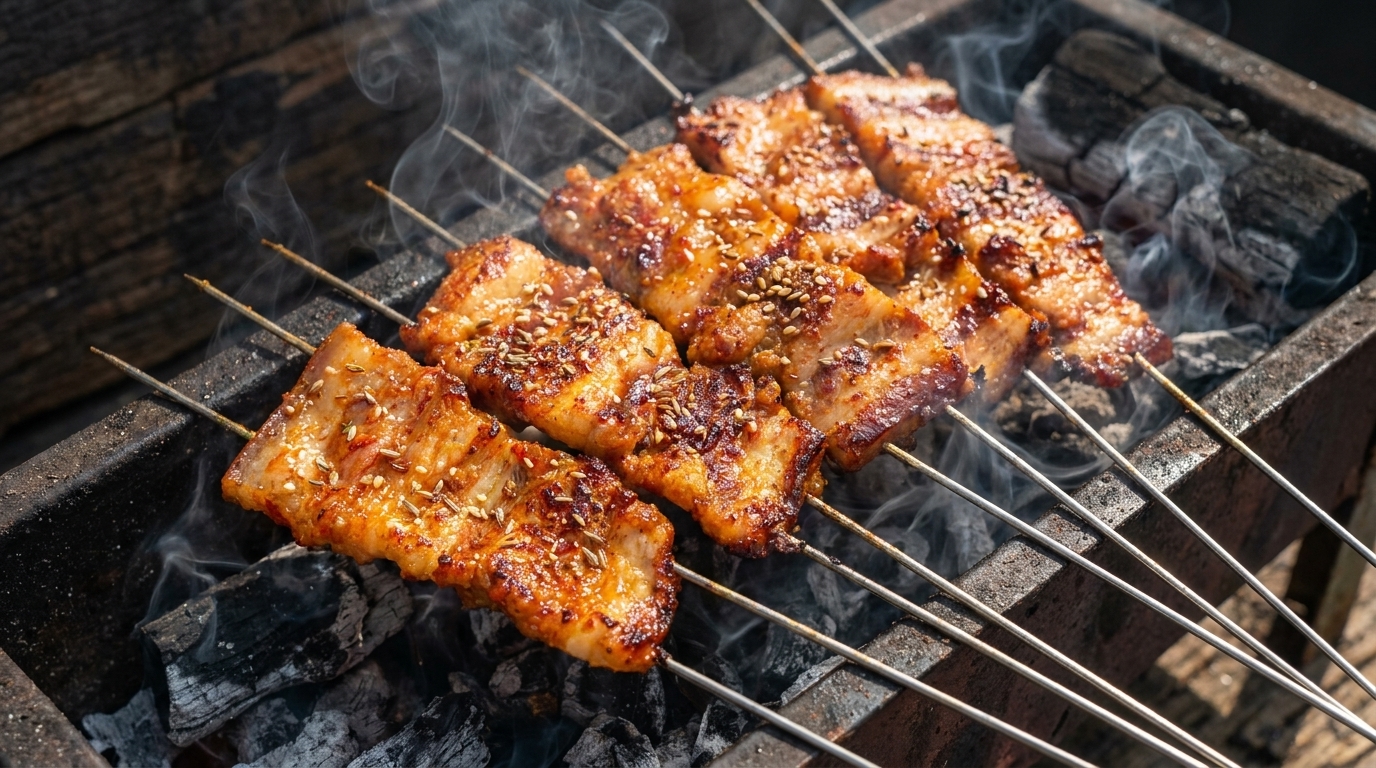 Brochetas de panceta coreana al carbón (Yangnyeom Samgyeopsal-gui)