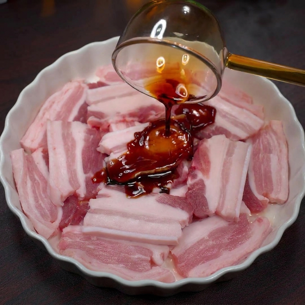 Sazonador líquido oscuro vertiéndose sobre rodajas de panceta de cerdo cruda.
