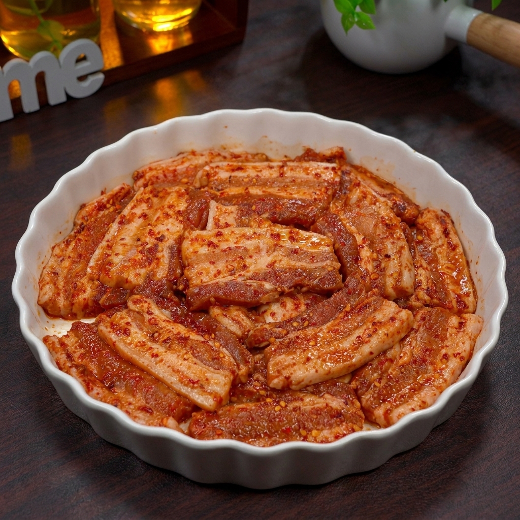 Rodajas de panceta marinadas y cubiertas con salsa roja, organizadas en un bol blanco.