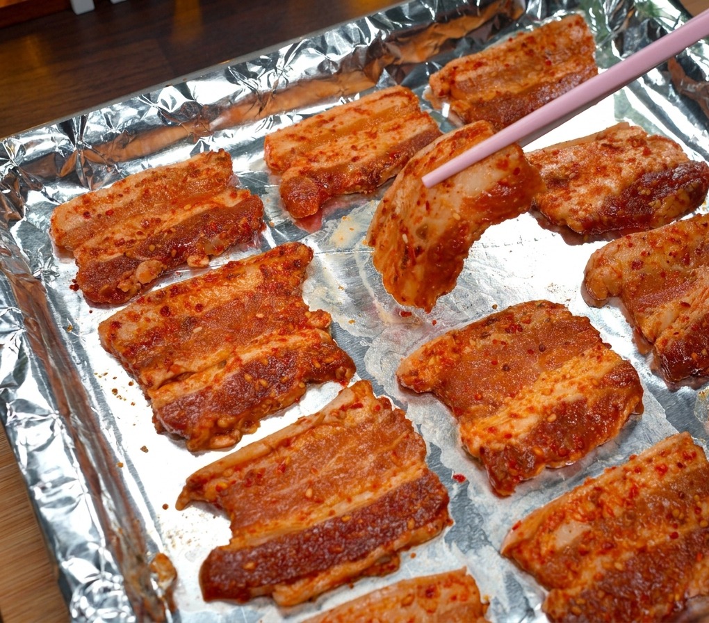 Rodajas de panceta marinada colocadas sobre una bandeja de horno forrada con papel de aluminio.