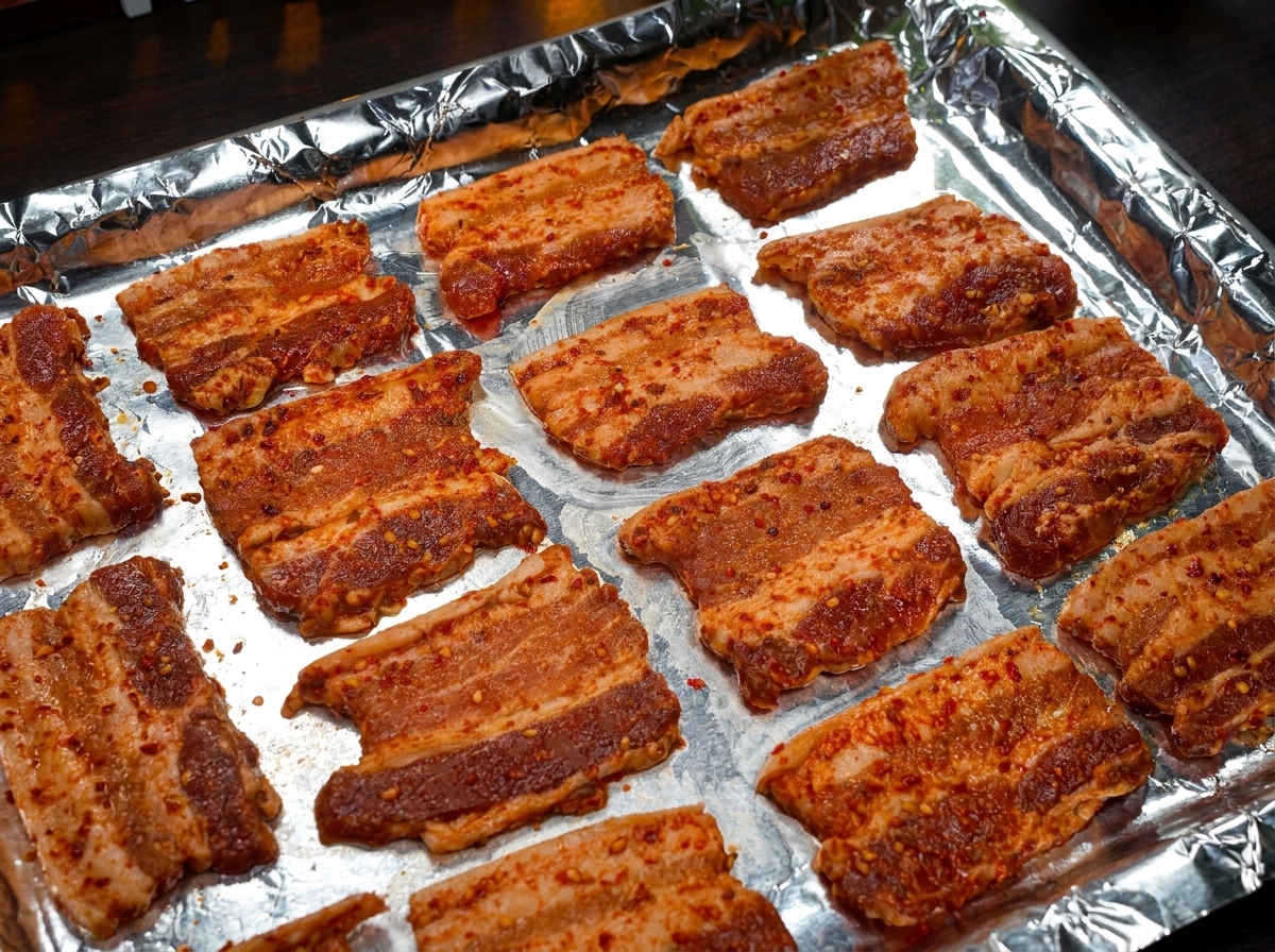Bandeja de panceta sazonada y rojiza sobre papel de aluminio, lista para entrar al horno.