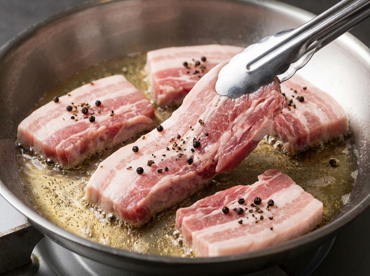Pinzas colocando lonchas de panceta marinada sobre una parrilla negra bien caliente.