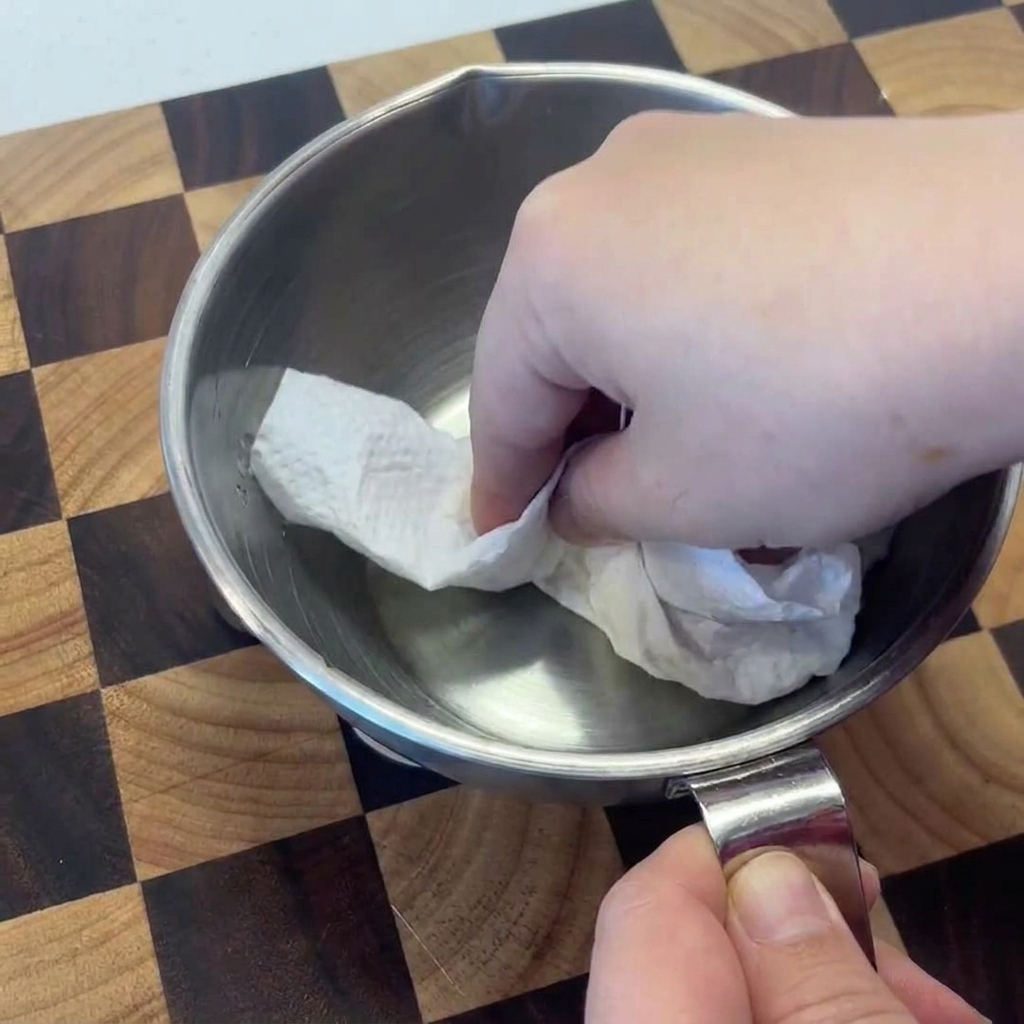 Una mano usando papel de cocina blanco para secar camarones crudos en un bol de acero inoxidable.