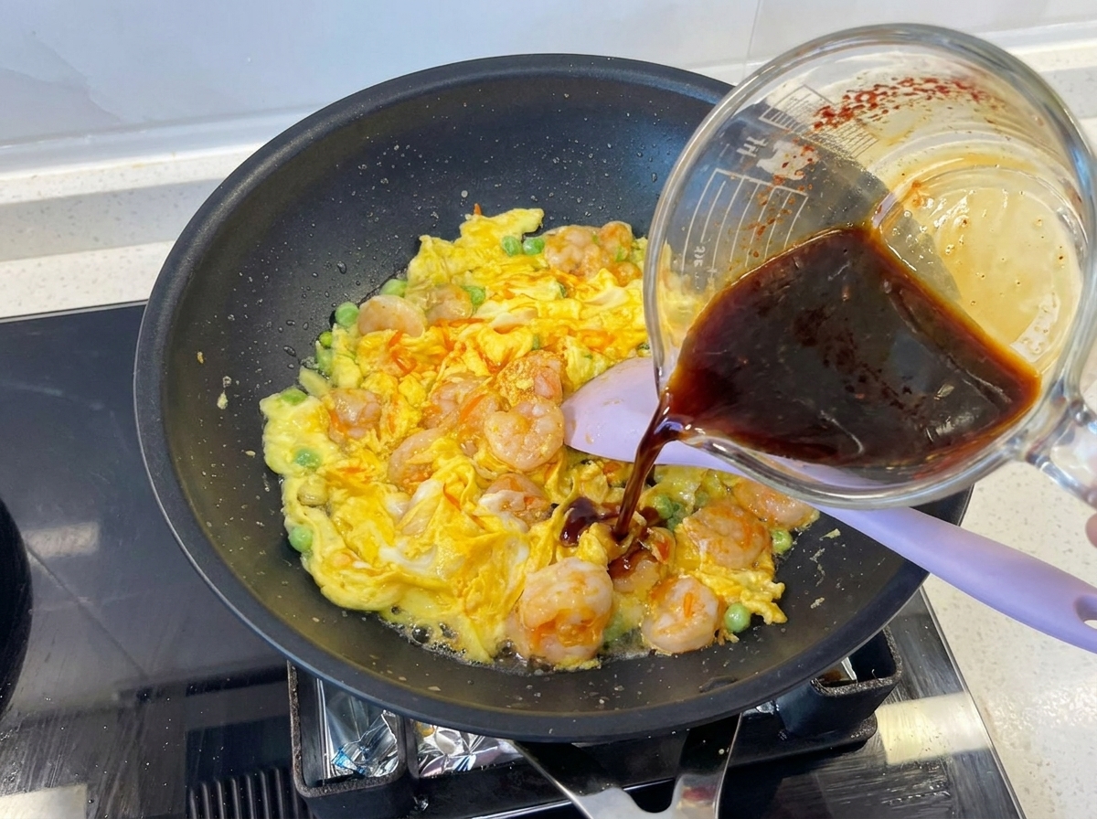 Una jarra de vidrio vertiendo una salsa oscura sobre camarones, huevos y guisantes en una sartén negra.