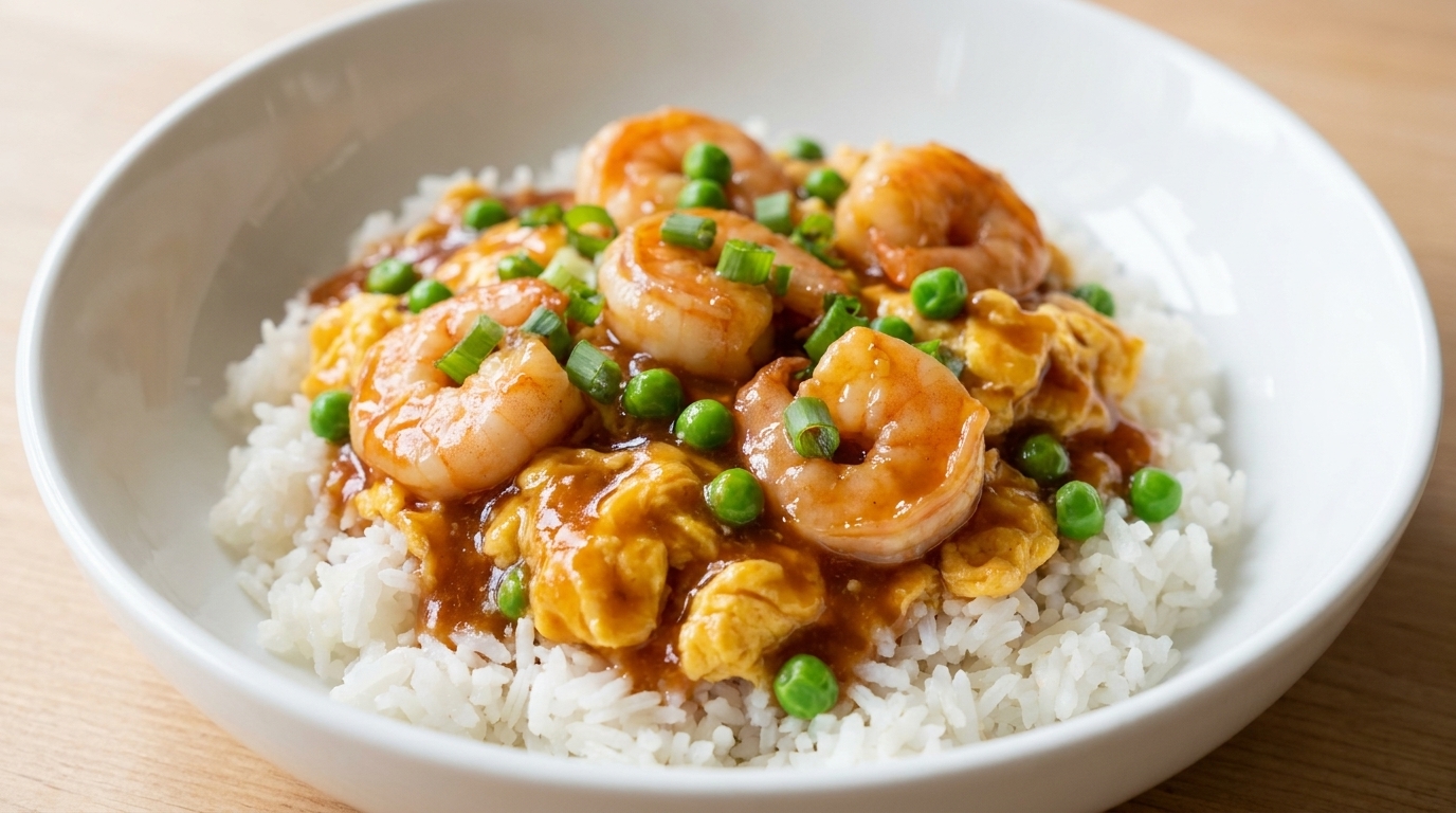 Bowl de Arroz con Camarones y Huevos Revueltos