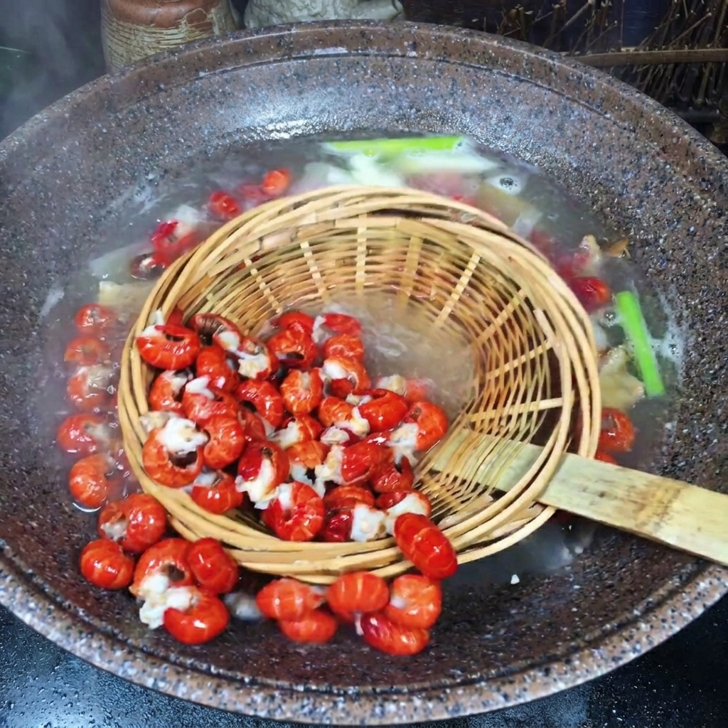 Un colador de bambú tradicional sacando varias colas de cangrejo rojo brillante de una olla humeante.